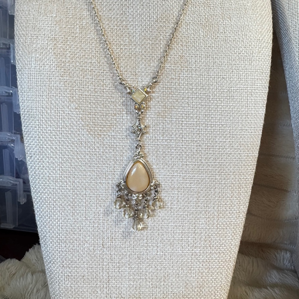 Vintage 2028 Victorian Revival Pendant Necklace W/ Teardrop Cabochon Fringe